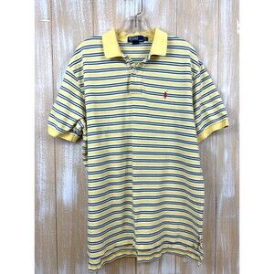 VTG Ralph Lauren Polo Mens XL Yellow Striped Red Pony Cotton Short Sleeve Shirt